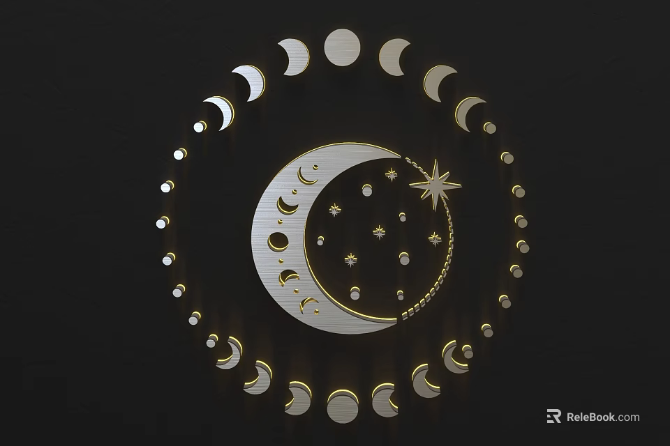 Golden Crescent Moon Wall Decor With Stars And Surrounding Moon Phases 3d model 