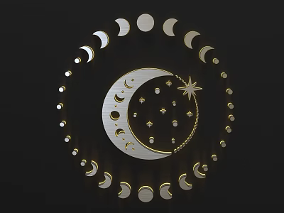 Golden Crescent Moon Wall Decor With Stars And Surrounding Moon Phases 3d model