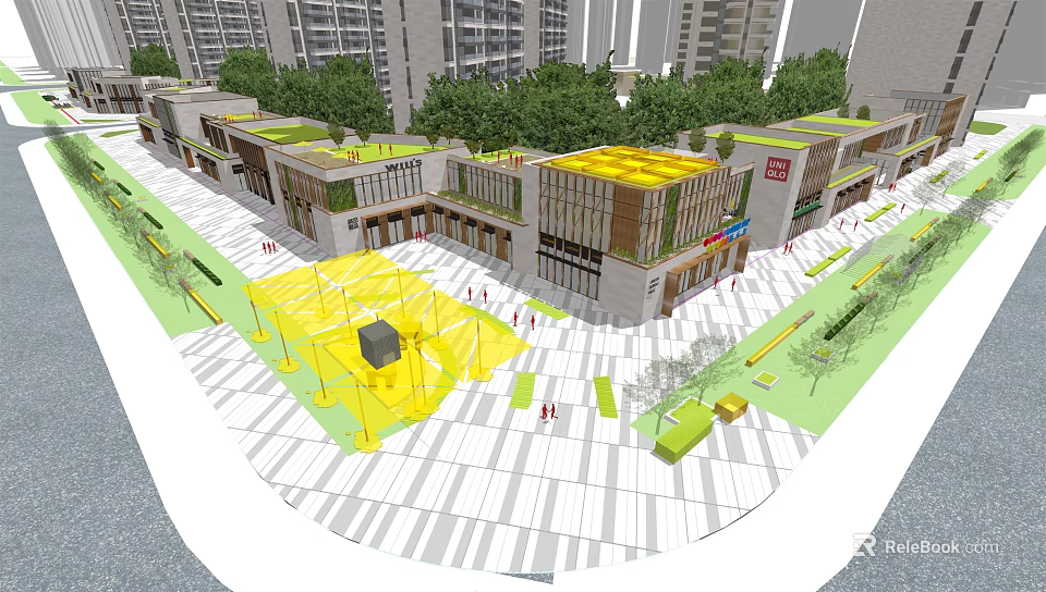 Contemporary Commercial Street Featuring Rooftop Gardens Open Plaza And Tree Lined Walkways 3d model 