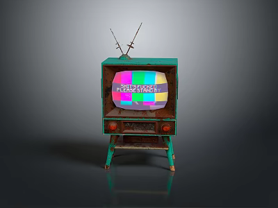 Vintage Green Television With Antenna And Colorful Static Screen On Rusty Stand 3d model