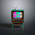 Vintage Green Television With Antenna And Colorful Static Screen On Rusty Stand