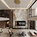 Modern Living And Dining Room Interior With High Ceiling Large Windows Chandelier Sofa And Dining Table