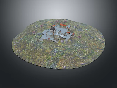 Ancient Architecture Miniature Model on Circular Grassland with Trees and Greenery 3d model