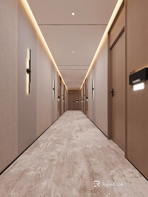 Modern Corridor Interior Design With Wooden Doors Recessed Lighting And Carpet Floor 3d model 