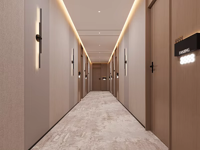 Modern Corridor Interior Design With Wooden Doors Recessed Lighting And Carpet Floor 3d model