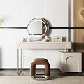 Modern Dressing Table with Round Mirror Brown Stool and Decor Items 3d model