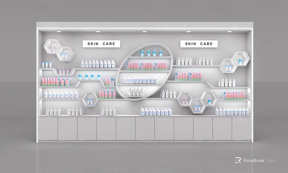 Mall Skin Care Store With Modern Shelves Hexagonal Compartments And Various Products 3d model 