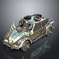 Unique Custom Car With Stacked Tires Spiked Decor And Metallic Finish
