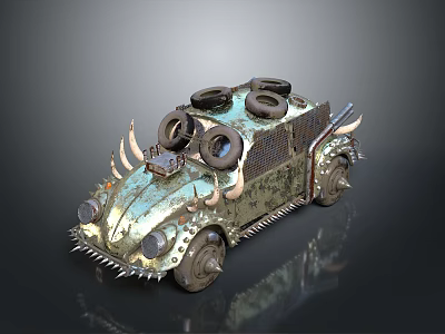 Unique Custom Car With Stacked Tires Spiked Decor And Metallic Finish 3d model