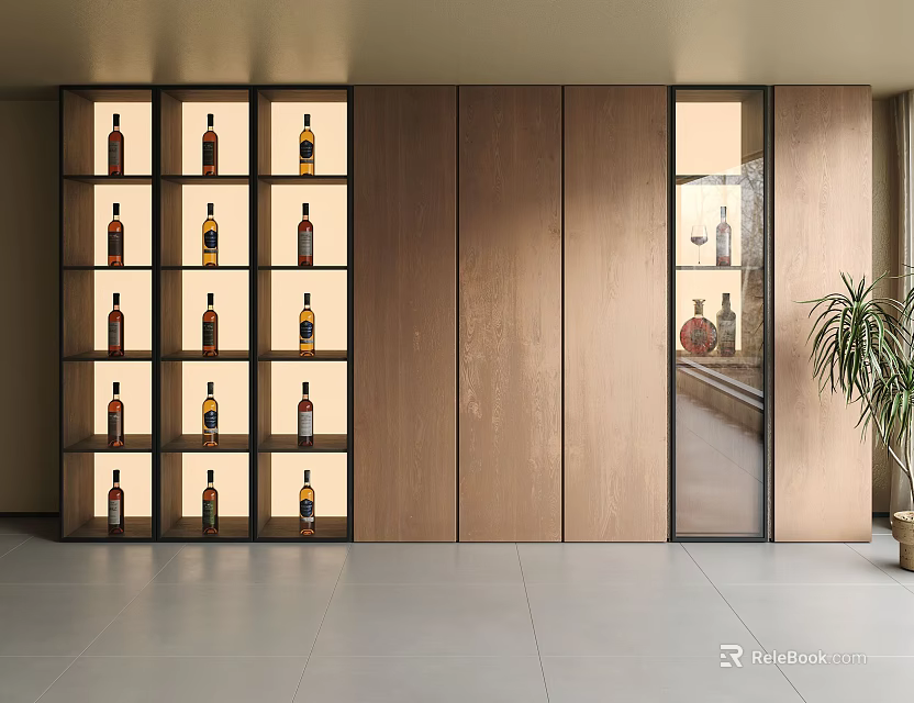 Modern Wine Cabinet With Wooden Cabinetry Glass Door And Multiple Wine Bottle Shelves 3d model 