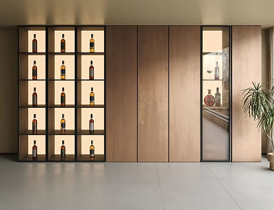 Modern Wine Cabinet With Wooden Cabinetry Glass Door And Multiple Wine Bottle Shelves 3d model