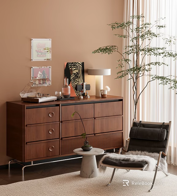 Decorative Ornament Set on Walnut Cabinet with Wall Art Table Lamp and Green Plant 3d model 