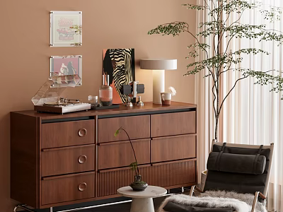 Decorative Ornament Set on Walnut Cabinet with Wall Art Table Lamp and Green Plant 3d model