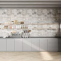 Modern Coffee Bar With Gray Cabinets Stone Tile Backsplash Wooden Shelves And Coffee Appliances
