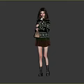 Woman In Green Sweater Brown Skirt With Brown Bag And Black Boots Gray Background