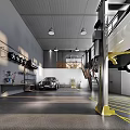 Modern Car Dealership Workshop Featuring Cars On Lift Tire Rack Black Floor Yellow Grid Lines