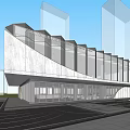 Modern Sales Office Building With Glass Facade Plaza And Illuminated Entrance Landscaping