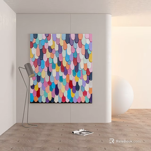 Colorful Fish Scale Pattern Artwork Hanging On Interior Wall With Floor Lamp 3d model