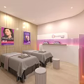 Modern SPA Room Interior With Two Massage Beds Gray Sheets And Purple Lighting Decor