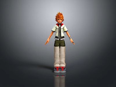3D Anime Character With Orange Spiky Hair White Shirt Black Vest Green Shorts Red Shoes 3d model