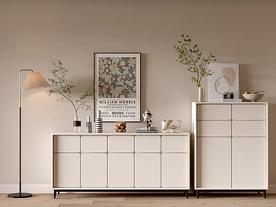 Entryway Cabinet And Side Cabinet With White Minimalist Design Decorative Paintings Plants And Floor Lamp 3d model