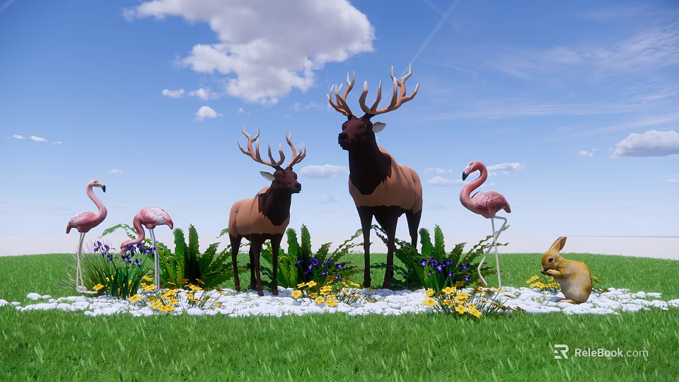 Charming Garden Decor With Deer Flamingos Rabbit Colorful Flowers And White Pebbles On Green Grass 3d model 