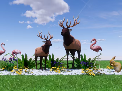 Charming Garden Decor With Deer Flamingos Rabbit Colorful Flowers And White Pebbles On Green Grass 3d model