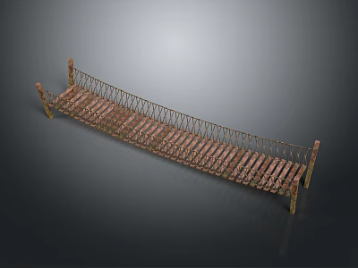 Long Brown Wooden Bridge Model With Metal Railings On Dark Background 3d model