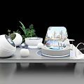 Modern Display Shelves With White Spherical Decor Green Plants And Circular Show Platforms