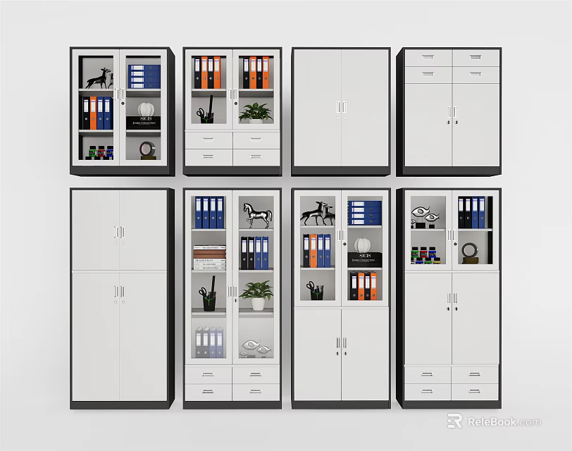Various Office Bookcase Styles with Doors Drawers Books Folders and Potted Plants 3d model 