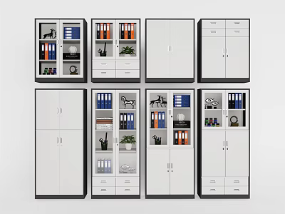 Various Office Bookcase Styles with Doors Drawers Books Folders and Potted Plants 3d model