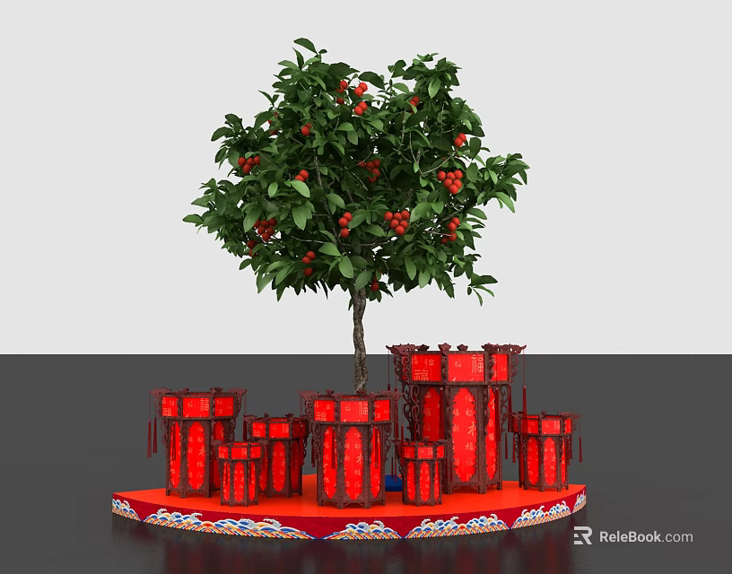 Red Lanterns With Orange Tree And Red Fruits On Decorative Platform 3d model