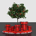 Red Lanterns With Orange Tree And Red Fruits On Decorative Platform 3d model