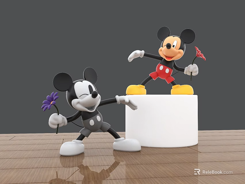 Mickey Mouse Photo Spot With Black White Colorful Figures Holding Flower On Cylindrical Platform 3d model 