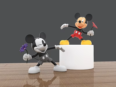 Mickey Mouse Photo Spot With Black White Colorful Figures Holding Flower On Cylindrical Platform 3d model