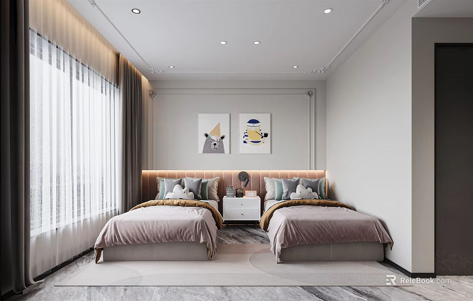 Cozy Kids Room Interior Design With Twin Beds Decorative Paintings And Curtains 3d model 