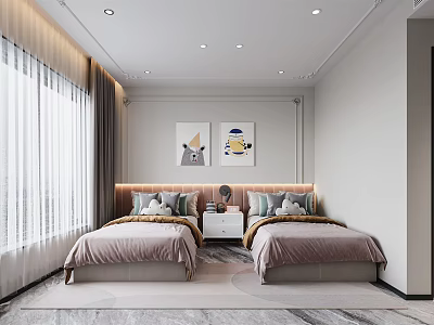 Cozy Kids Room Interior Design With Twin Beds Decorative Paintings And Curtains 3d model