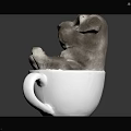 Adorable Small Puppy Comfortably Sitting In White Ceramic Cup On Dark Surface Background