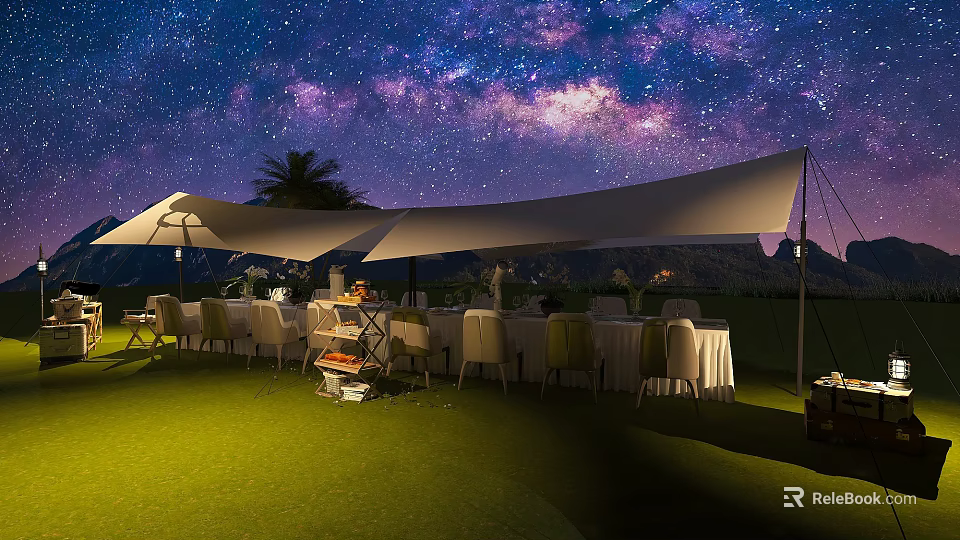 Starry Sky Garden Landscape With Green Lawn White Canopies Dining Tables And Palm Trees 3d model 