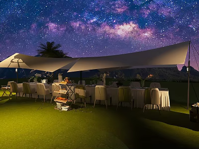 Starry Sky Garden Landscape With Green Lawn White Canopies Dining Tables And Palm Trees 3d model