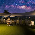 Starry Sky Garden Landscape With Green Lawn White Canopies Dining Tables And Palm Trees
