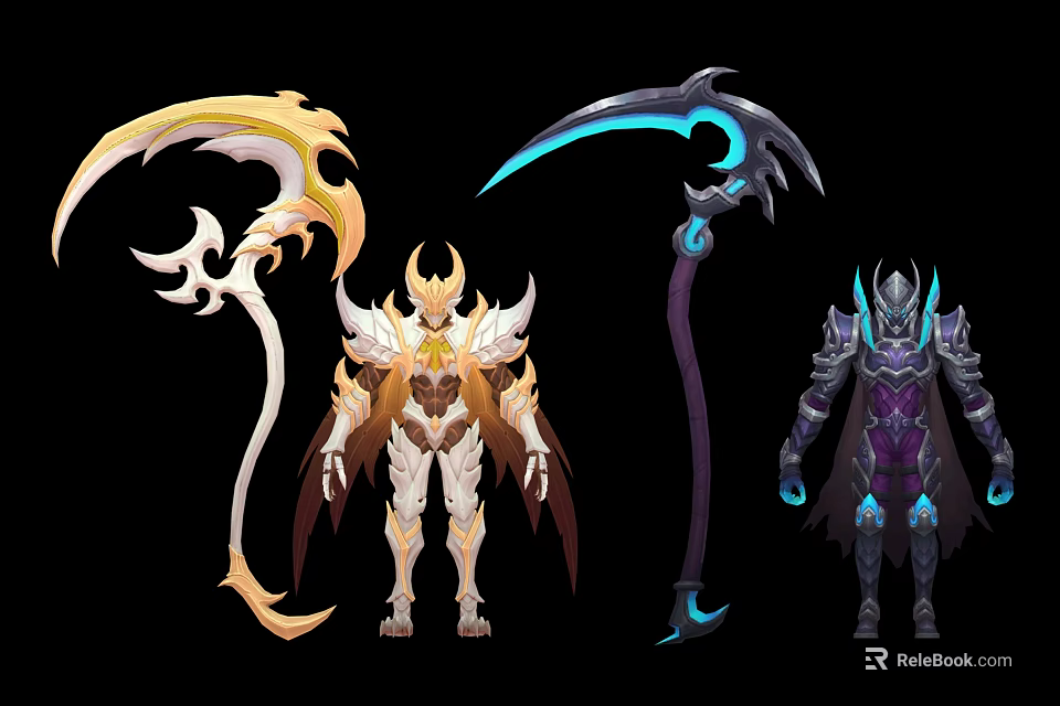 Angelic Winged Character And Demonic Warrior With Golden And Shadow Scythe Weapons 3d model 