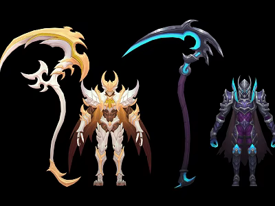 Angelic Winged Character And Demonic Warrior With Golden And Shadow Scythe Weapons 3d model