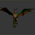 Mythical Dragon With Green Red Wings Open Mouth Horns And Long Tail Gray Background