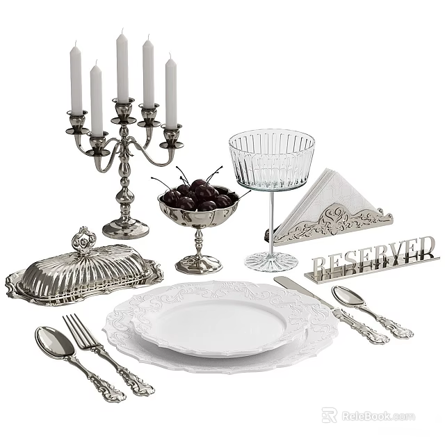 Elegant Tableware Set with White Plates Silver Cutlery Goblet Fruit Bowl and Candle Holder 3d model 