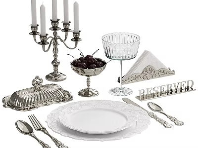Elegant Tableware Set with White Plates Silver Cutlery Goblet Fruit Bowl and Candle Holder 3d model