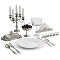 Elegant Tableware Set with White Plates Silver Cutlery Goblet Fruit Bowl and Candle Holder