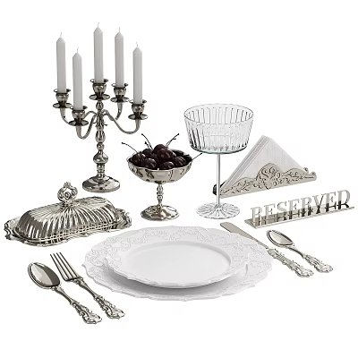 Elegant Tableware Set with White Plates Silver Cutlery Goblet Fruit Bowl and Candle Holder 3d model