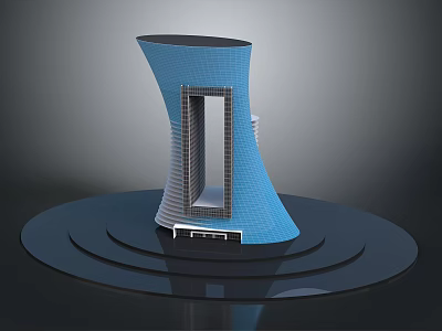Modern Blue Twisted Building Design With Central Rectangular Opening And Circular Base 3d model