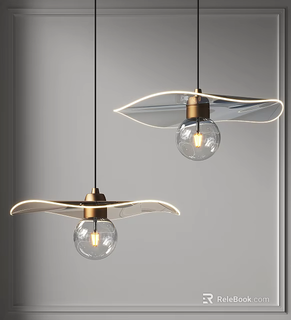 Modern Copper Glass Pendant Lights With Curved White Shades And Transparent Globe Bulbs 3d model 